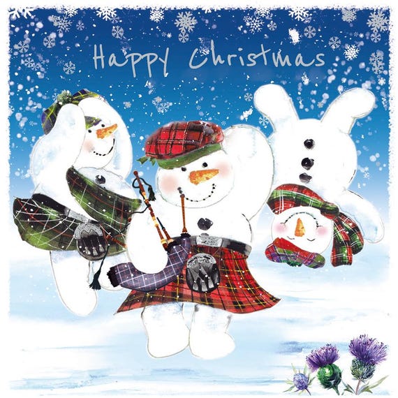 Scottish Christmas Cards - Dancing Snowmen Christmas Cards - 10 cards and 10 white envelopes