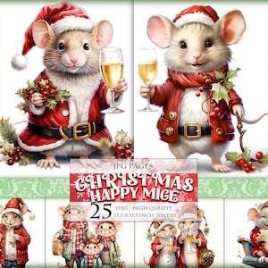 Souris joyeuses de Noël, souris mignonnes, pages imprimables à l'aquarelle, feuille de collage numérique, HQ 25 JPG - 13,5 x 13,5 pouces, téléchargement immédiat.