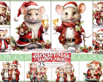 Christmas Happy Mice, Cute Mouse, Watercolor Printable Pages, Digital Collage Sheet, HQ 25 JPG - 13,5 X 13,5 inch, Instant download.