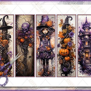 May include: Four vertical panels with a Halloween theme. The first panel shows a witch's hat with a pumpkin and other Halloween decorations. The second panel shows a tree with a skull and pumpkins. The third panel shows a girl in a purple dress with a witch's hat and pumpkins. The fourth panel shows a haunted house with a pumpkin and other Halloween decorations.