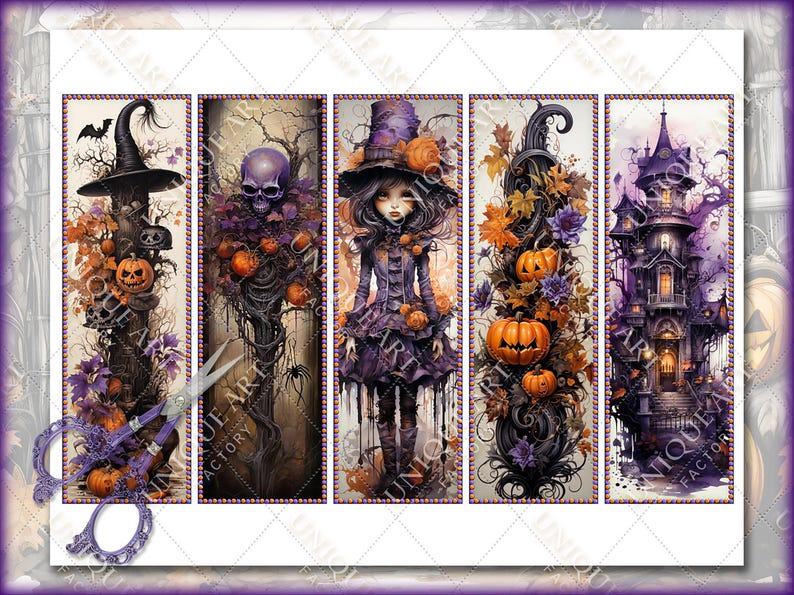 May include: Four vertical panels with a Halloween theme. The first panel shows a witch's hat with a pumpkin and other Halloween decorations. The second panel shows a tree with a skull and pumpkins. The third panel shows a girl in a purple dress with a witch's hat and pumpkins. The fourth panel shows a haunted house with a pumpkin and other Halloween decorations.