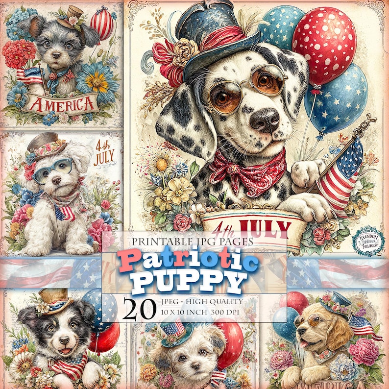 May include: A digital collage featuring patriotic puppies with balloons, flags, and floral arrangements. The image includes the text "Patriotic Puppy" and "4th July". The puppies are wearing hats and glasses.