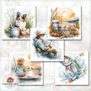 May include: A collection of watercolor art prints featuring fishing themes. The prints depict scenes of fishing, including a dog with a fishing rod, a fisherman, a lake scene, a child with a dog, and a fish jumping out of the water.