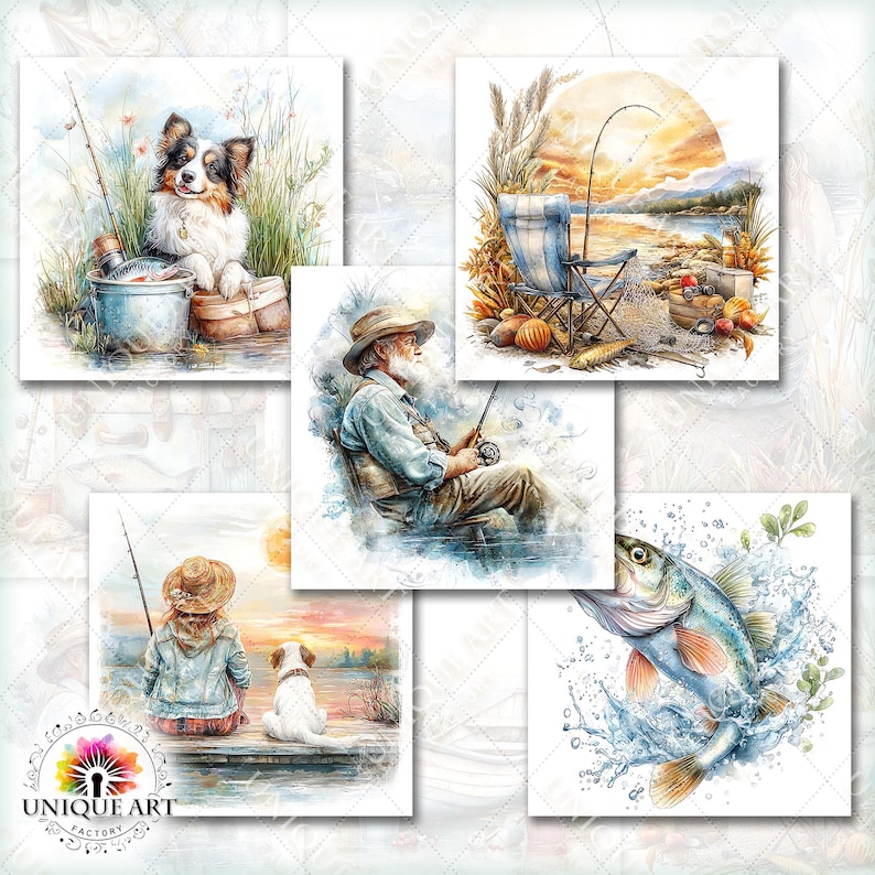 May include: A collection of watercolor art prints featuring fishing themes. The prints depict scenes of fishing, including a dog with a fishing rod, a fisherman, a lake scene, a child with a dog, and a fish jumping out of the water.