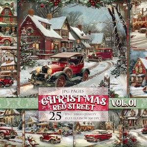 クリスマス レッド ストリート Vol.01、冬の風景、印刷可能な 25 枚の JPG 画像、デジタル スクラップブック エフェメラ ページ、即時ダウンロード。