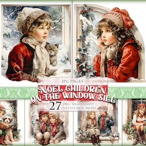 Noel Kinder auf der Fensterbank, Weihnachten, Weihnachtsbild zum Ausdrucken, digitales Bild, Collage Sheet, qp 27 jpg - 13,5 x 13,5 Zoll, zum sofortigen Download.