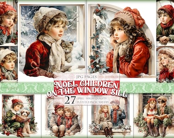 Noel children on the window sill, Christmas Watercolor Printable Pages, Digital Collage Sheet, HQ 27 JPG - 13,5X13,5 inch, Instant download.
