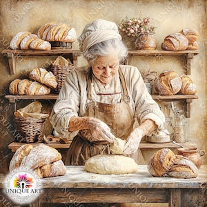 Puede incluir: Una panadera mayor, con gorro de chef blanco y delantal, amasa la masa sobre una mesa de madera. Estantes detr&aacute;s de ella exhiben varias hogazas de pan. Cestas y cer&aacute;mica se suman al ambiente r&uacute;stico de la panader&iacute;a. La imagen tiene una paleta de colores c&aacute;lidos.