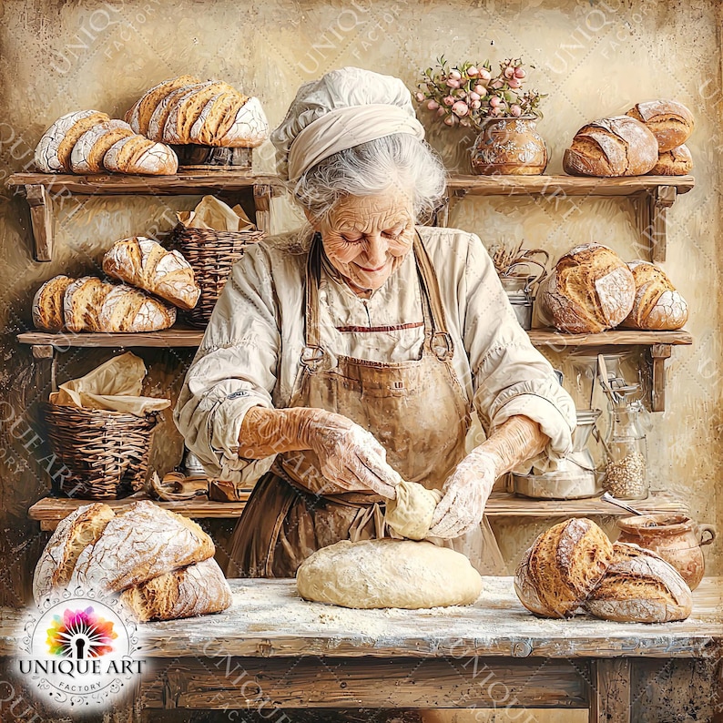 Puede incluir: Una panadera mayor, con gorro de chef blanco y delantal, amasa la masa sobre una mesa de madera. Estantes detr&aacute;s de ella exhiben varias hogazas de pan. Cestas y cer&aacute;mica se suman al ambiente r&uacute;stico de la panader&iacute;a. La imagen tiene una paleta de colores c&aacute;lidos.