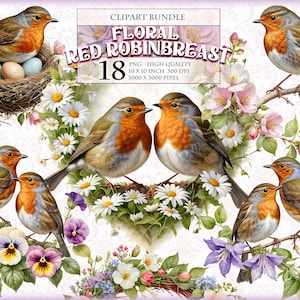 Floral Red Robinbreast, Watercolor Clipart Bundle, 18 HQ Printable Image, Transparent PNG, junk journal, scrapbook  instant download.