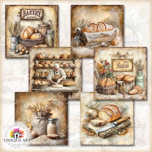 Puede incluir: Un collage de ilustraciones de panader&iacute;a de estilo vintage. Las im&aacute;genes presentan varios panes, cestas y un panadero. Una imagen tiene un letrero que dice "Bakery". Otras im&aacute;genes incluyen trigo, tarros y una caja de madera. La paleta de colores es c&aacute;lida y r&uacute;stica.