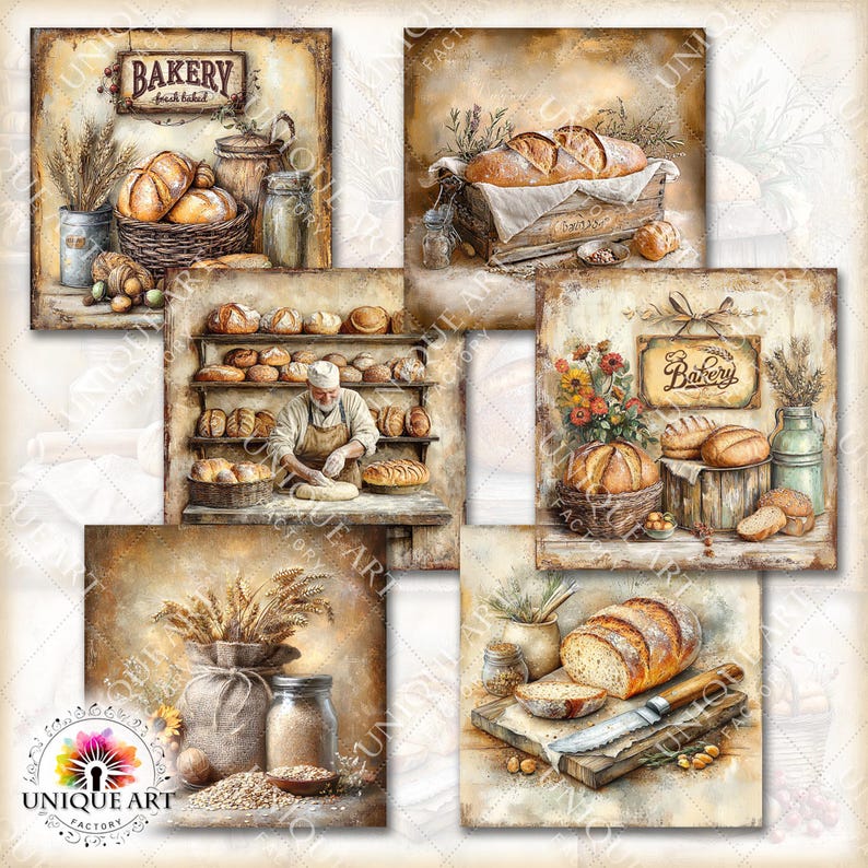 Puede incluir: Un collage de ilustraciones de panader&iacute;a de estilo vintage. Las im&aacute;genes presentan varios panes, cestas y un panadero. Una imagen tiene un letrero que dice "Bakery". Otras im&aacute;genes incluyen trigo, tarros y una caja de madera. La paleta de colores es c&aacute;lida y r&uacute;stica.