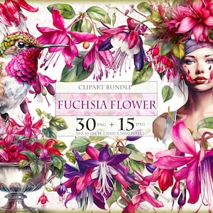 Fucsia Flower, Floral Watercolor Clipart Bundle, 30 HQ PNG stampabili + 15 JPEG, diario spazzatura, tagli elaborati, download immediato di immagini effimere