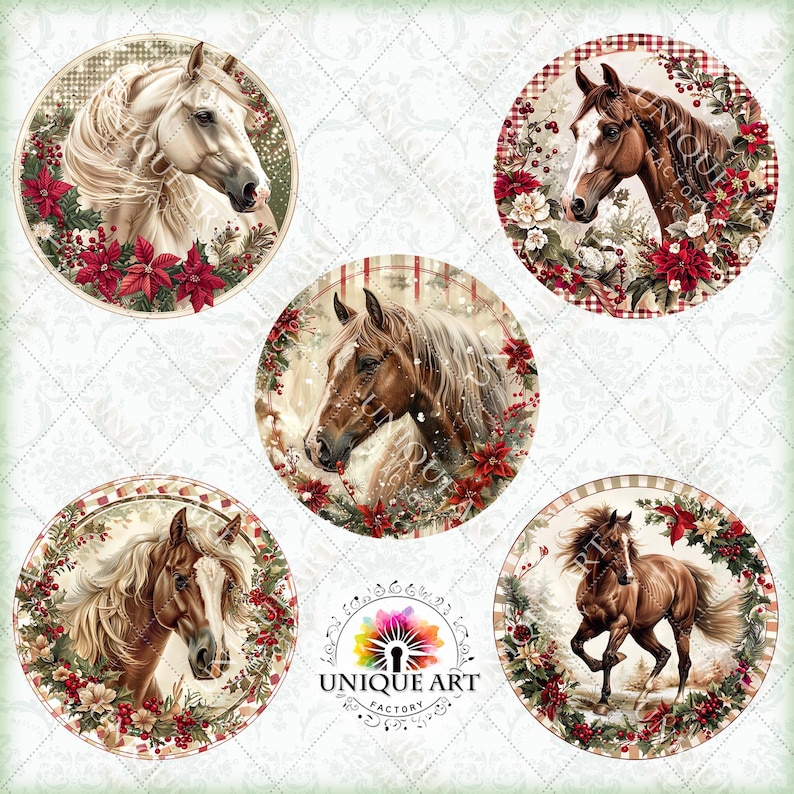 Christmas Horses - Round Clipart Bundle, Printable 18 PNG Image, Door ...