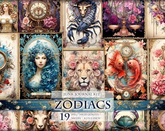 Zodiacs, Horoscope Signs, Astrological Watercolor Junk Journal Kit, 19 HQ JPG, Instant download, Printable digital image, decoupage postcard