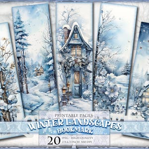 Marcapáginas de paisaje invernal, vista nevada, hojas digitales de acuarela, 2 x 6,3 pulgadas, 20 marcadores en 4 páginas JPG imprimibles, descarga instantánea.