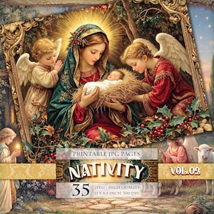 May include: A digital art print featuring a nativity scene with a woman in a teal and red robe holding a baby in a manger, flanked by two winged angels. The text reads PRINTABLE JPG PAGES NATIVITY VOL.02 35 JPEG HIGH QUALITY 27.9 X 21.6 CM 300 DPI.