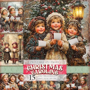 Kerstliederen, besneeuwd winterlandschap, afdrukbare 15 HQ JPG-afbeeldingen Scrapbook Junk Journal briefkaart decoupage aquarel Instant download