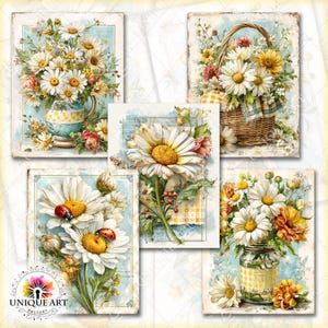 May include: A collection of vintage-style floral art prints featuring daisies, ladybugs, and other wildflowers. The prints showcase bouquets in vases, baskets, and jars, with a soft, pastel color palette and a distressed, aged look. The prints are labeled "UNIQUE ART FACTORY".