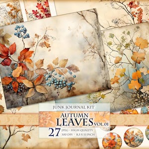 Hojas de otoño Vol.01 27 imágenes JPG imprimibles, kit de diario basura de acuarela, álbum de recortes, efímera, creación de postales, descarga instantánea.