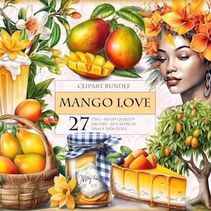 May include: A digital clipart bundle of 27 illustrations featuring mangoes, flowers, and other tropical elements. The illustrations are in a watercolor style and include a mango tree, a mango smoothie, a mango cheesecake, and a woman with a flower crown. The text "Mango Love" is featured in the image.