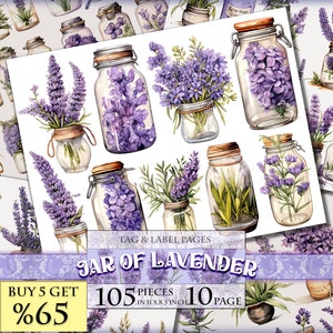 Jar Of Lavender, Tags, Labels, ATC, Watercolor Junk Journal Embellishments, 105 Pieces in 10 Printable Pages, Digital Collage Sheets