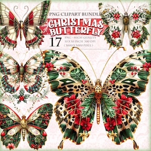 Borboleta de Natal, pacote de clipart em aquarela, 17 enfeites de presente PNG para impressão em HQ, imagem de convite de sublimação transparente para download instantâneo