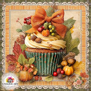 May include: A festive cupcake with a large orange bow, topped with frosting, miniature pumpkins, and berries. The cupcake sits in a green and white patterned liner, surrounded by fall foliage and a small pumpkin vase. The image has a vintage aesthetic.