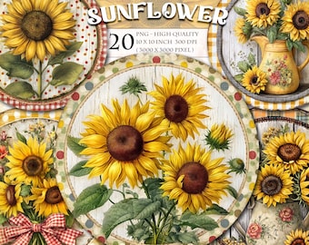 Sunflower Round Ornaments Clipart, 20 PNG Vintage Floral Digital images (Instant Download)