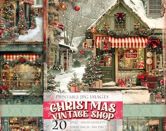 Christmas Vintage Shop, Printable Digital images HQ 20 JPG, scrapbook junk journal decoupage postcard watercolor clipart Instant download.