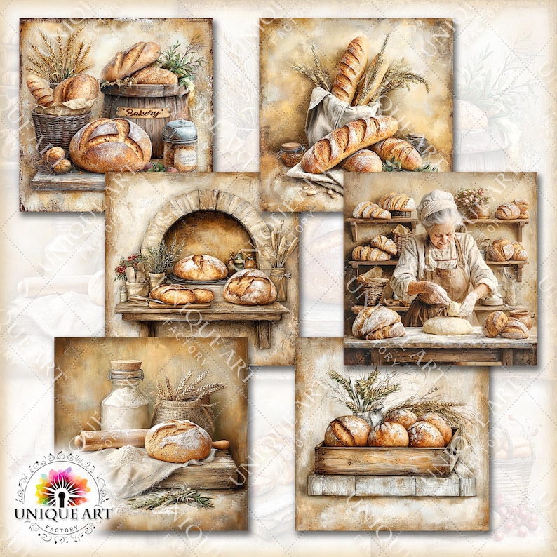 Puede incluir: Un collage de im&aacute;genes de panader&iacute;a de estilo vintage. Las im&aacute;genes presentan varios tipos de pan, incluyendo hogazas y baguettes, exhibidos en cestas, en estantes y en una caja de madera. Algunas im&aacute;genes incluyen un panadero e ingredientes.