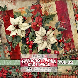 Fondo floral rojo navideño Vol.02, 26 imágenes JPG de alta calidad imprimibles, álbum de recortes, diario basura, postal, decoupage, acuarela, descarga instantánea.
