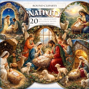 Puede incluir: Una colección de veinte imágenes digitales redondas de tipo clipart con escenas de la Natividad, la Sagrada Familia, ángeles y ovejas. El texto dice: ROUND CLIPARTS NATIVITY 20 PNG - HIGH QUALITY 10 X 10 INCH 300 DPI (3000 X 3000 PIXEL).
