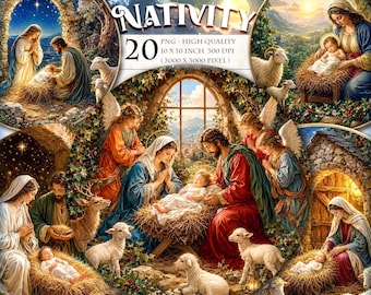 Puede incluir: Una colección de veinte imágenes digitales redondas de tipo clipart con escenas de la Natividad, la Sagrada Familia, ángeles y ovejas. El texto dice: ROUND CLIPARTS NATIVITY 20 PNG - HIGH QUALITY 10 X 10 INCH 300 DPI (3000 X 3000 PIXEL).