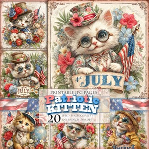 Chaton patriotique, cliparts du 4 juillet, image imprimable HQ 20 JPG, pages numériques de Junk Journal, albums éphémères, découpage, téléchargement immédiat.