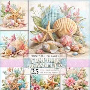 Puede incluir: Una impresión de arte digital que presenta una colección de conchas marinas y estrellas de mar en varios tamaños y colores, incluyendo rosa, beige y azul. La imagen incluye el texto "TROPICAL SEASHELLS" y "25 JPEG - HIGH QUALITY 10 X 10 INCH 300 DPI".