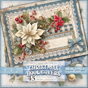 Könnte beinhalten: Ein weihnachtliches Buchcover im Vintage-Stil mit einem weißen Weihnachtsstern, roten Beeren und blauen Akzenten. Das Design umfasst einen dekorativen Rahmen, Spitzentrimm und den Text "Christmas Book Covers". Das Bild ist mit "Blue Tones Vol. 02" beschriftet.