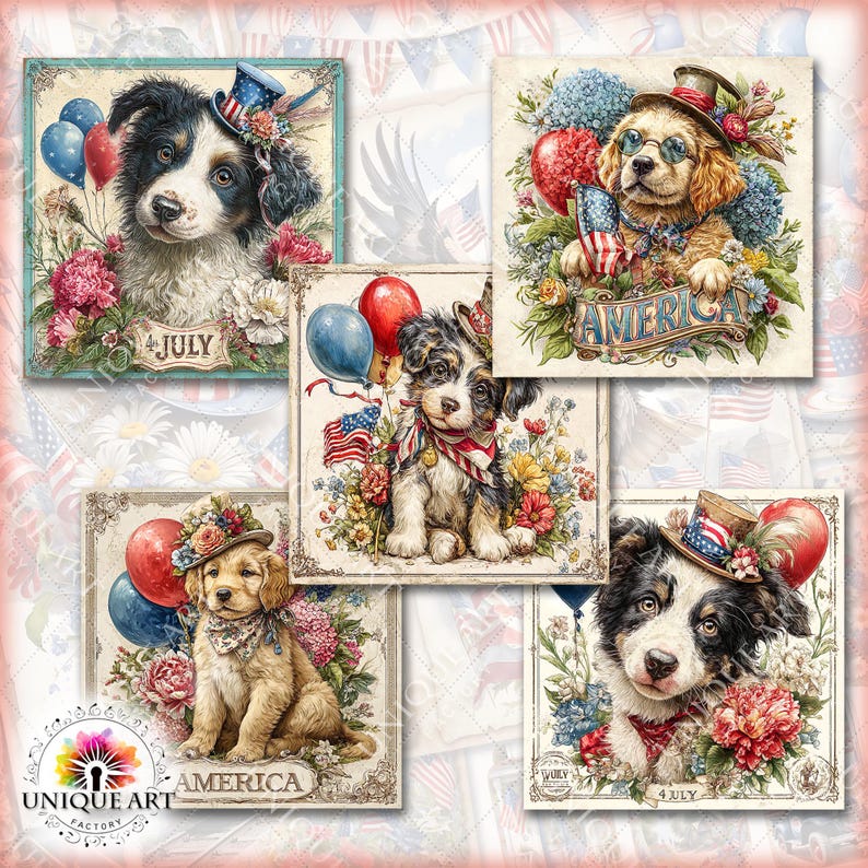 May include: A collection of five square art prints featuring adorable dogs in patriotic attire. Each print showcases a different dog breed adorned with hats, balloons, and floral arrangements, with the words "July" and "America" displayed.