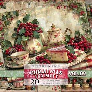 Fête du thé vintage de Noël, vol.02, feuille de collage numérique, pages de scrapbooking imprimable, journal indésirable, carte postale faisant le découpage Téléchargement instantané.
