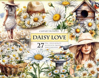 Daisy Love, Watercolor Clipart Bundle, 27 HQ Printable PNG, junk journal, scrapbook, transparent sublimation image, instant download