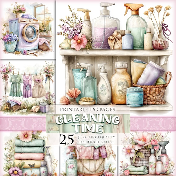 Cleaning Time, Housekeeping cliparts, Printable HQ 25 JPG image, Laundry Room Junk Journal Folio Pages Scrapbook Ephemera, Instant download.
