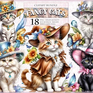 Gatos extravagantes, pacote de clipart em aquarela, 18 HQ para impressão, formato PNG transparente, download instantâneo.