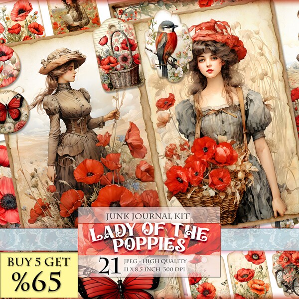 Lady Of The Poppies, Watercolor Floral Junk Journal Kit, 21 JPG - 11X8.5 inch, Instant download and printable, Digital collage sheet