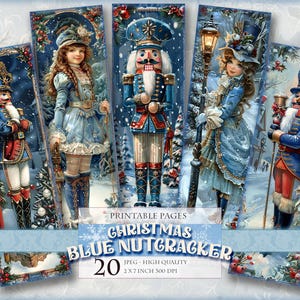 Marcapáginas Cascanueces Azules de Navidad, Hojas Digitales de Acuarela, 2 x 6,5 pulgadas, 20 marcapáginas en 4 páginas JPG imprimibles, Descarga instantánea.