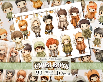 May include: A digital paper pack with 92 printable images of cute chibi boys wearing autumn clothing. The images are in 10 pages, each measuring 11 by 8.5 inches.
