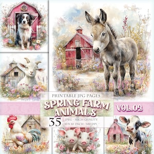 Puede incluir: Una colección de ilustraciones en acuarela con animales de granja y graneros. Las imágenes incluyen un burro, un perro, una cabra, un gallo, dos cerdos y una vaca. El texto "SPRING FARM ANIMALS" y "VOL.02" es visible. Las imágenes miden 25,4 x 25,4 cm.