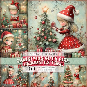 かわいい女の子がクリスマス ツリーを飾ります。印刷可能な 20 枚の JPG 画像、スクラップブック、ジャンク ジャーナル、ポストカード、デコパージュ、水彩画、クリップアート、即時ダウンロード。