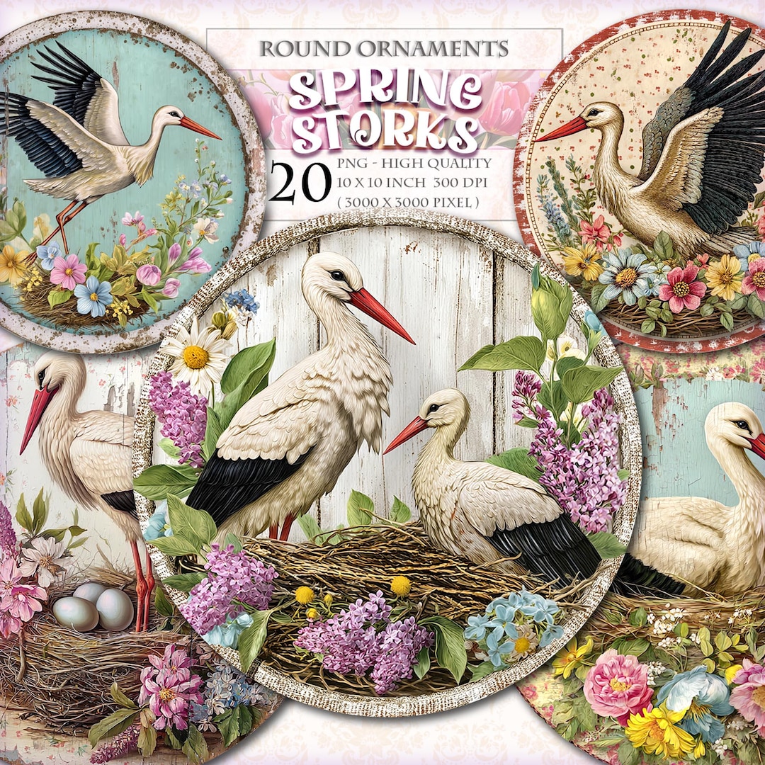 Stork Gif Spring Spring Storks Round Clipart, Printable 20 PNG Image, Ornaments Gift ...