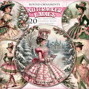 Quebra-nozes de Natal, ornamentos redondos PNG, pacote de clipart em aquarela, 20 imagens de sinal de guirlandas para pendurar na porta para impressão em alta qualidade, download instantâneo.