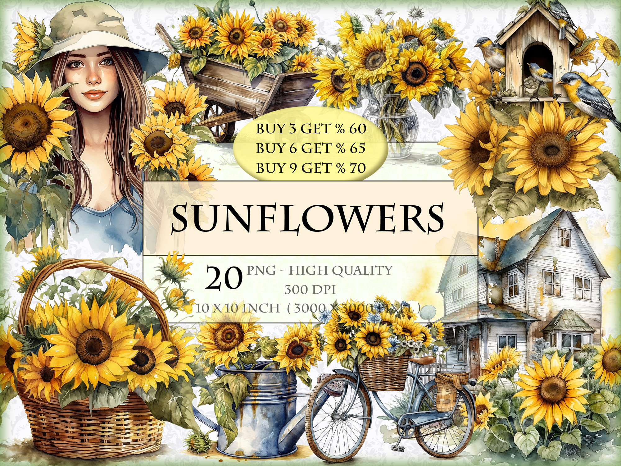 Sunflowers Watercolor Clipart Bundle HQ Printable PNG Format - Etsy
